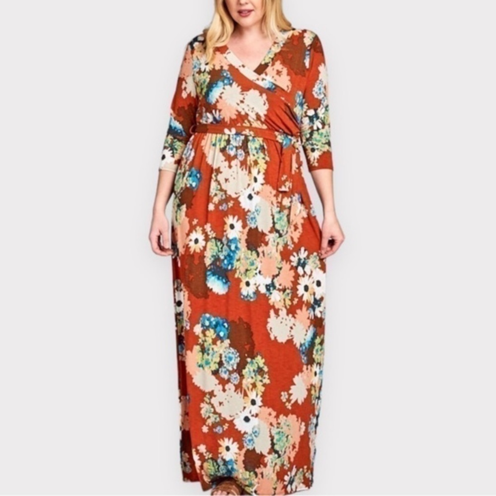 Plus Size Spring Cottagecore Surplice Belted Maxi Dress